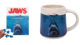 Mug with Jaws design and puzzle piece on packaging